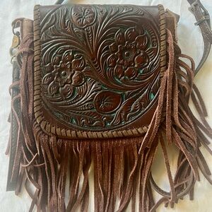 Brown Floral Embossed Fringe Bag